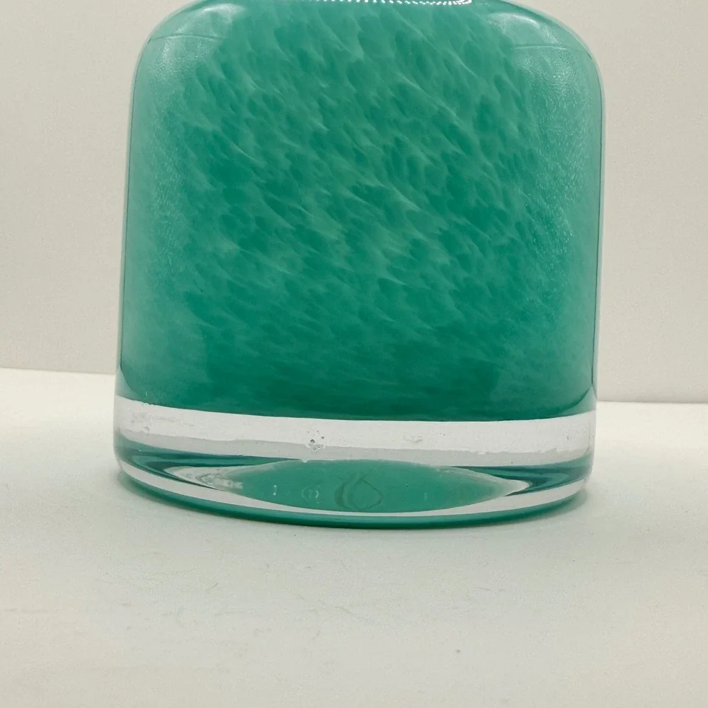 Hand-Blown Glass Vase‎ Home Decor Medium Turquoise Swirl Silver Rim Modern